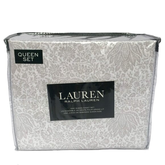 New! Ralph Lauren Queen Sheet Set 100% Cotton Floral Print Gray - Picture 1 of 1